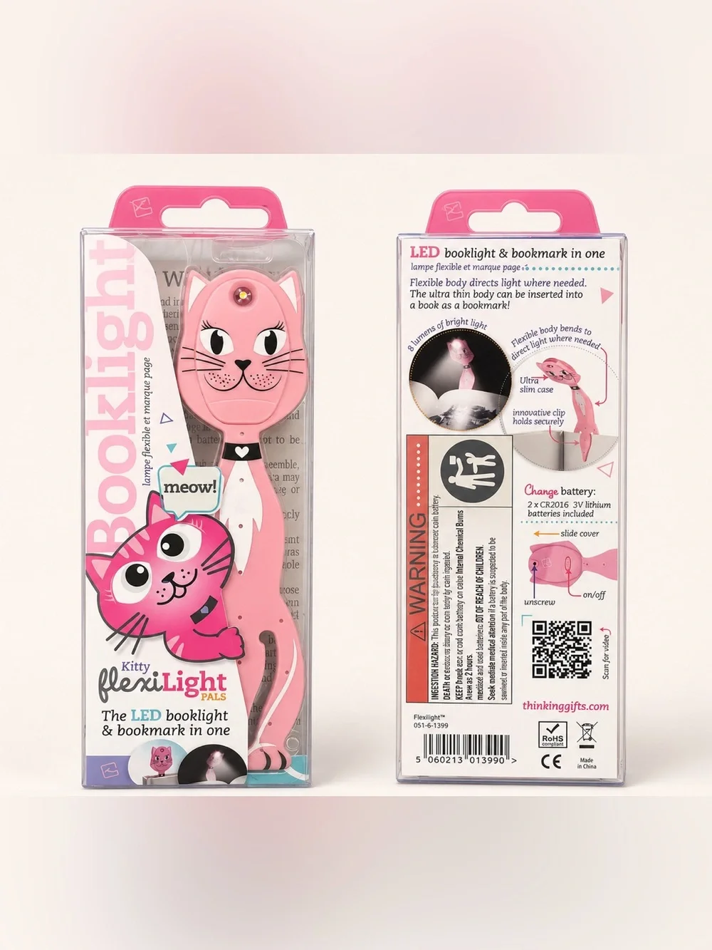 Thinking Gifts Kitty FlexiLight Pals LED Book Light Bookmark Pink Cat New
